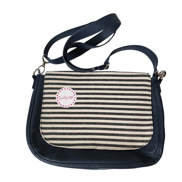 Studio Thirty-One Classic Body Handbag Blue Faux Leather Flap Canvas Striped - Picture 1 of 9